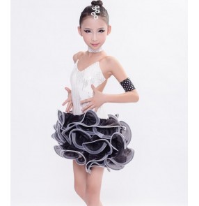 Black and white backless girls kids children patchwork competition high quality hand made performance latin ballroom dance dresses